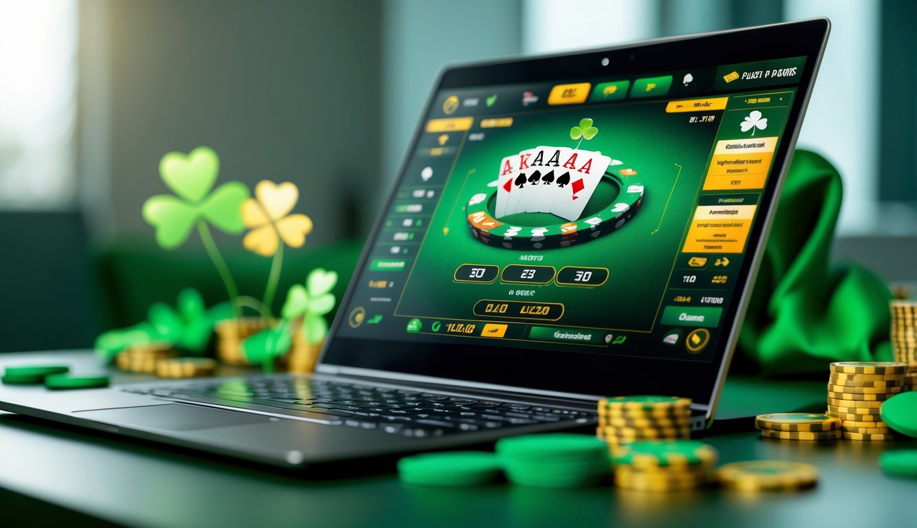 Sebuah meja dengan komputer menampilkan permainan poker online dengan dekorasi bertema Irlandia dan suasana yang aman dan terpercaya.