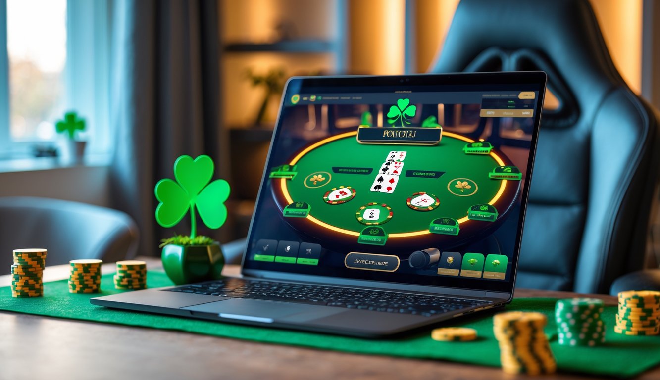 Sebuah meja dengan komputer menampilkan permainan poker online dengan dekorasi bertema Irlandia dan suasana ruangan yang nyaman.