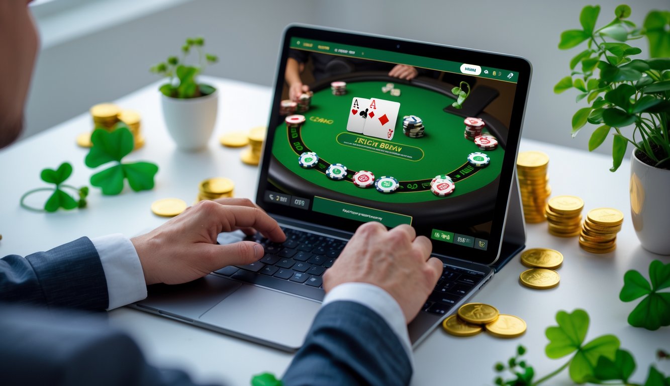 Seseorang menggunakan perangkat digital untuk bermain poker online dengan latar hijau dan elemen budaya Irlandia di meja yang rapi.