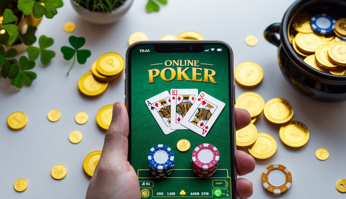 Sebuah ponsel menampilkan permainan poker online dengan kartu dan chip poker di sekitarnya, serta elemen shamrock kecil sebagai simbol Irlandia.