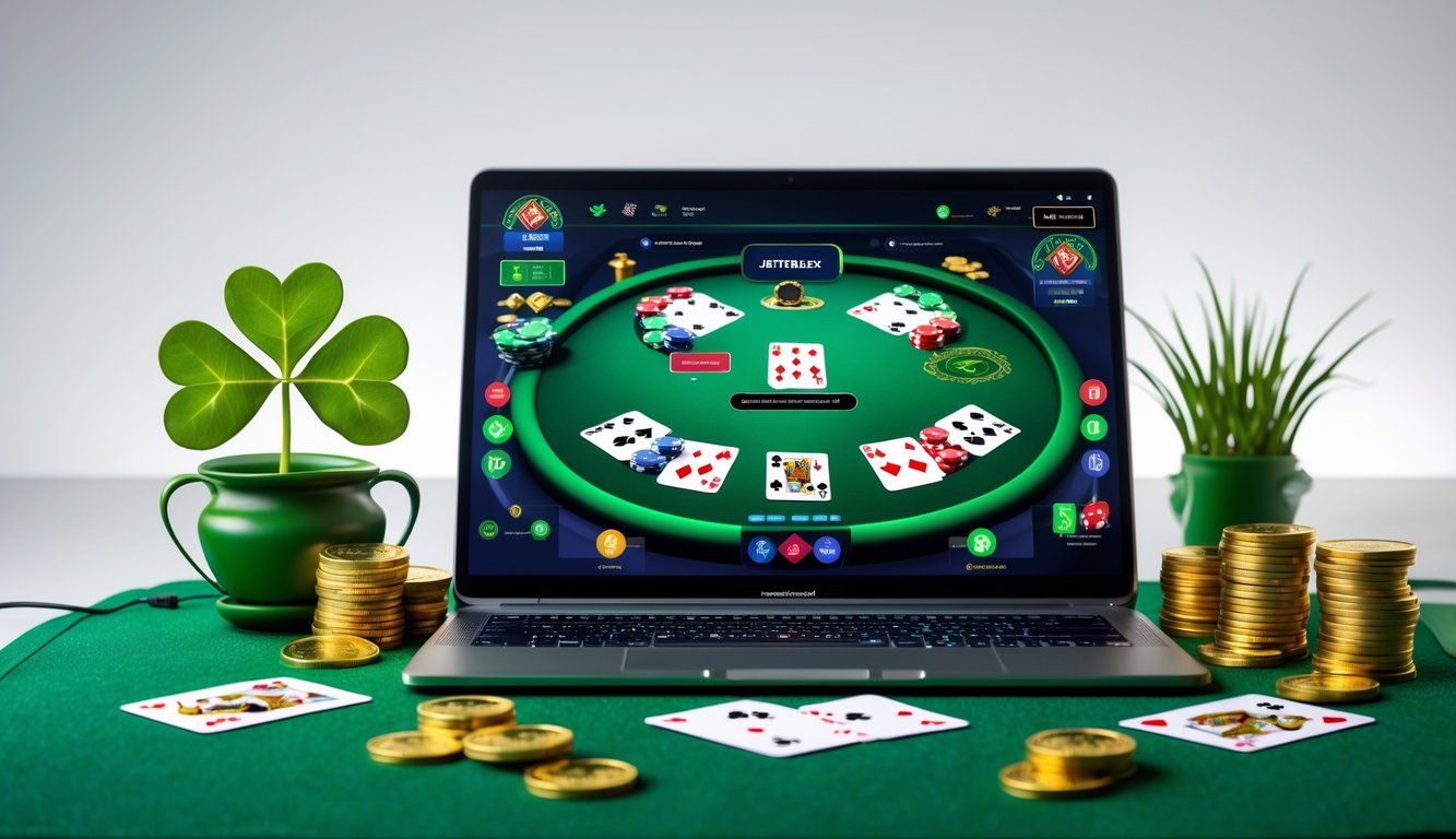 Sebuah meja poker dengan komputer yang menampilkan permainan poker online dan dekorasi bertema Irlandia seperti tanaman shamrock dan koin emas.