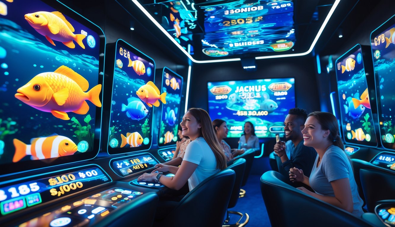 Orang-orang sedang bermain permainan kasino bertema bawah laut dengan layar besar menampilkan ikan warna-warni dan suasana yang cerah serta penuh semangat.