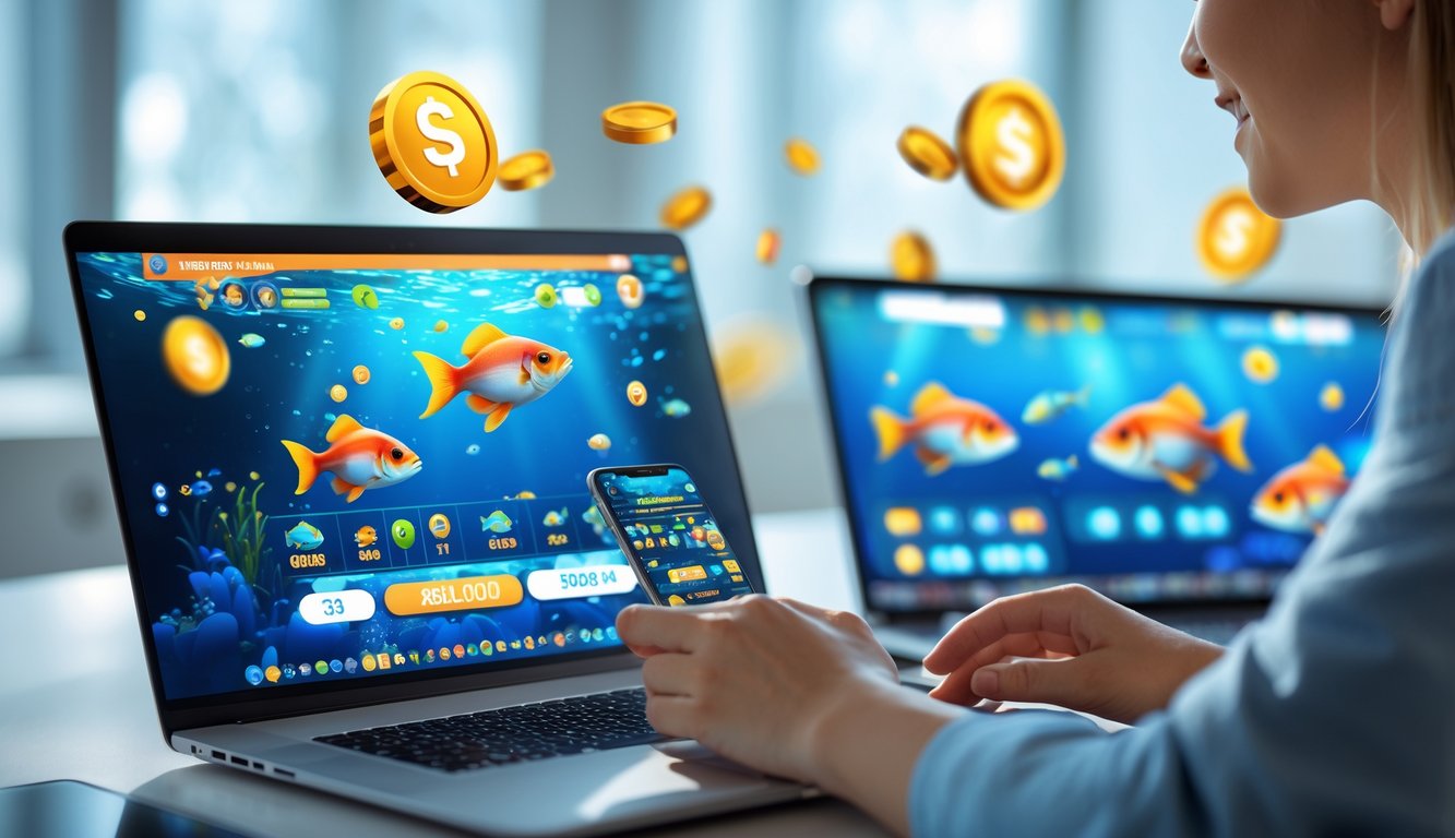 Seseorang menggunakan laptop dan ponsel untuk bermain game tembak ikan online dengan latar belakang suasana kerja yang modern.