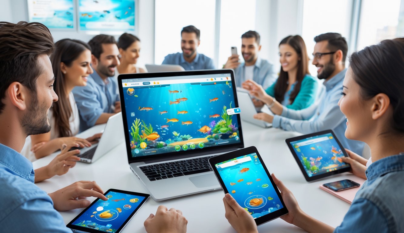 Beberapa orang bermain game tembak ikan secara online menggunakan perangkat digital dalam suasana yang cerah dan aman.