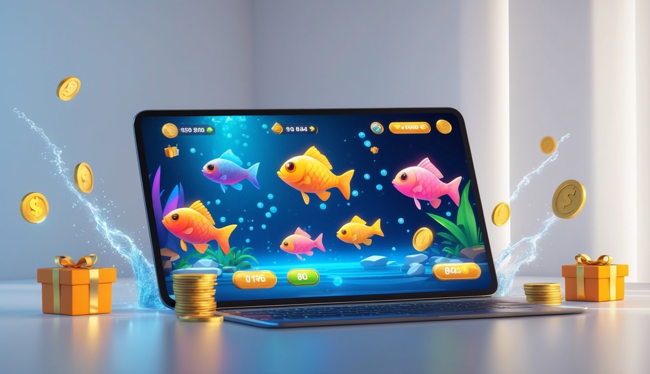 Seseorang memainkan permainan judi tembak ikan di perangkat digital dengan animasi ikan dan hadiah menarik di layar.