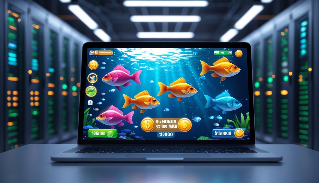 Layar perangkat menampilkan permainan menembak ikan dengan ikan berwarna-warni dan latar belakang ruang server modern yang stabil.
