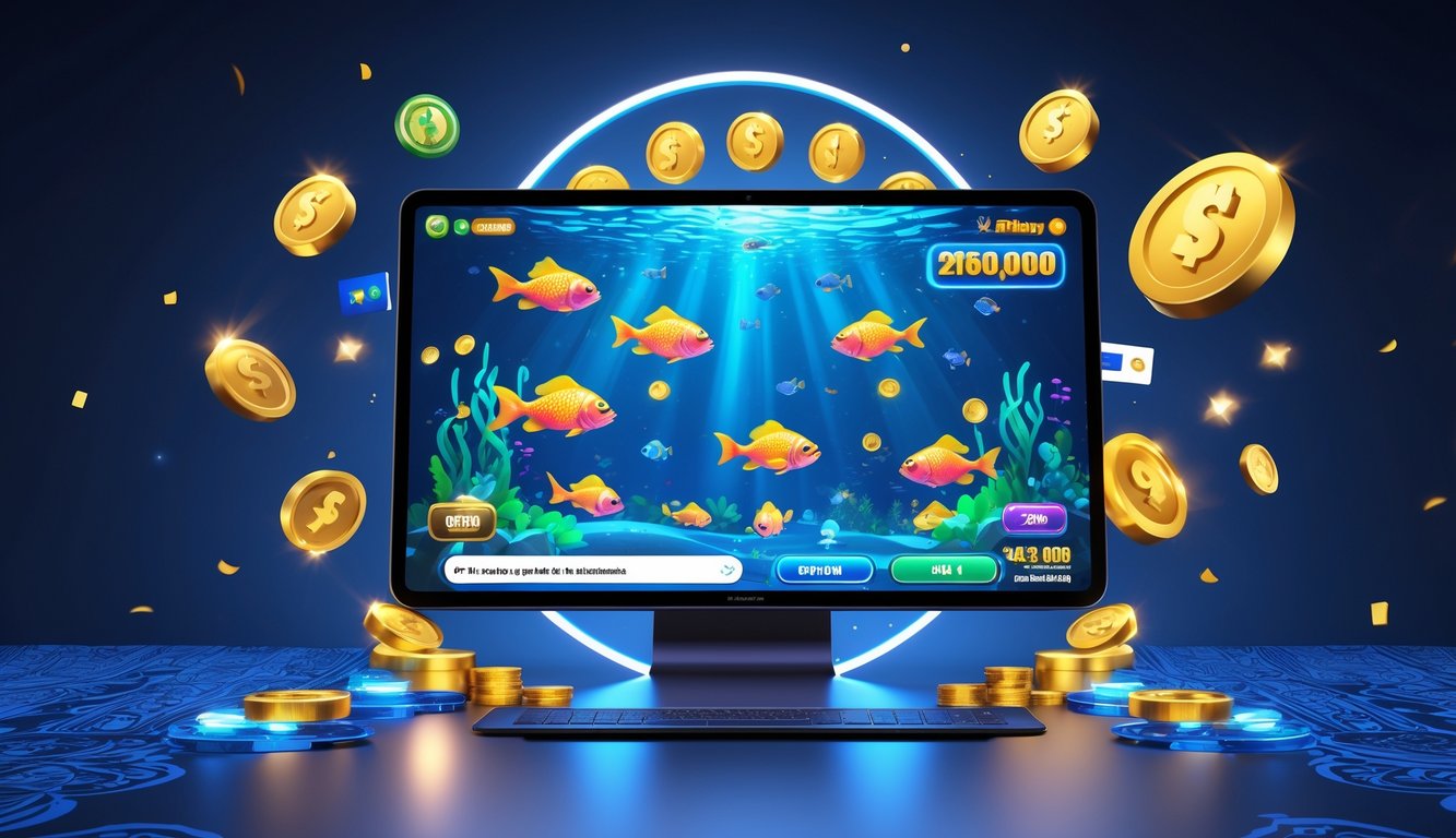 Seseorang bermain game tembak ikan di perangkat digital dengan latar belakang bawah laut yang penuh warna dan elemen hadiah digital.