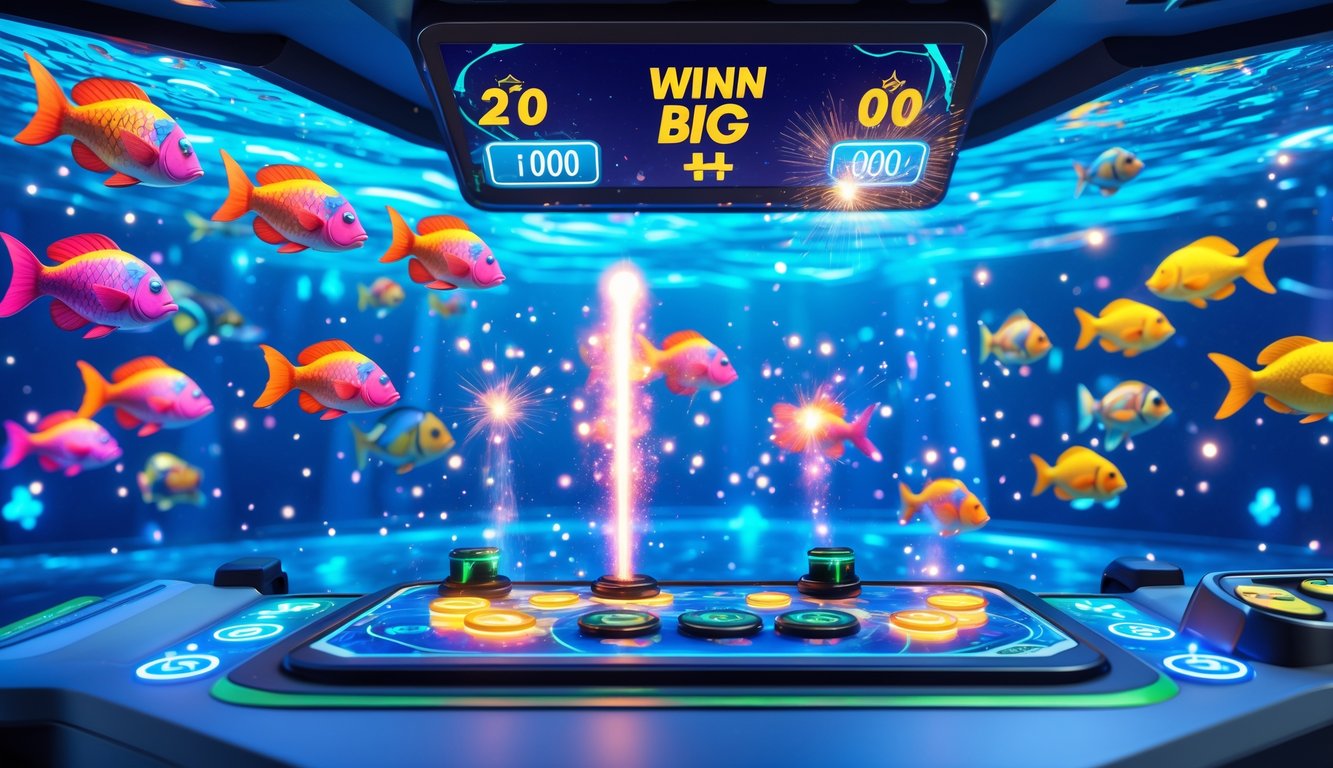 Adegan permainan menembak ikan di bawah laut dengan ikan berwarna-warni, konsol permainan modern, dan efek cahaya yang menunjukkan kemenangan besar.