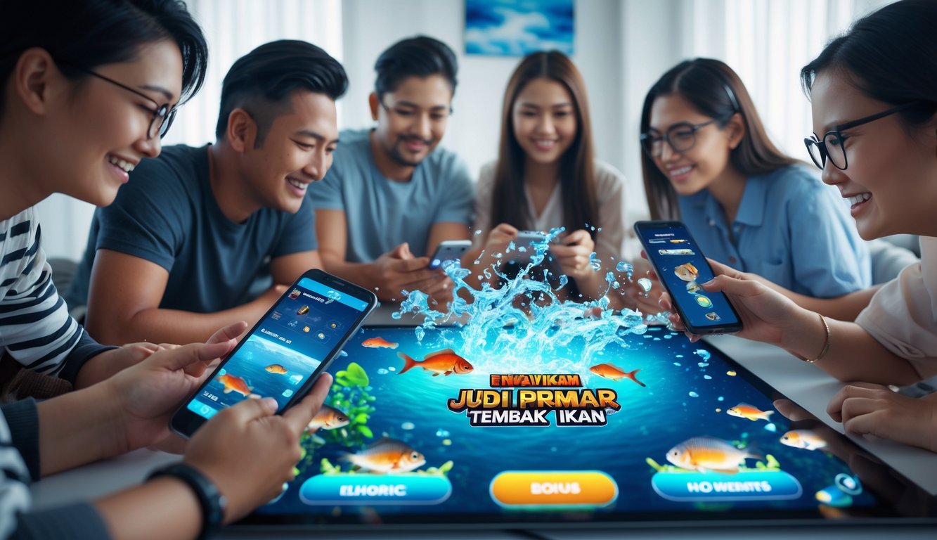 Orang-orang bermain permainan tembak ikan secara online dengan latar bawah laut penuh ikan warna-warni dan perangkat digital.