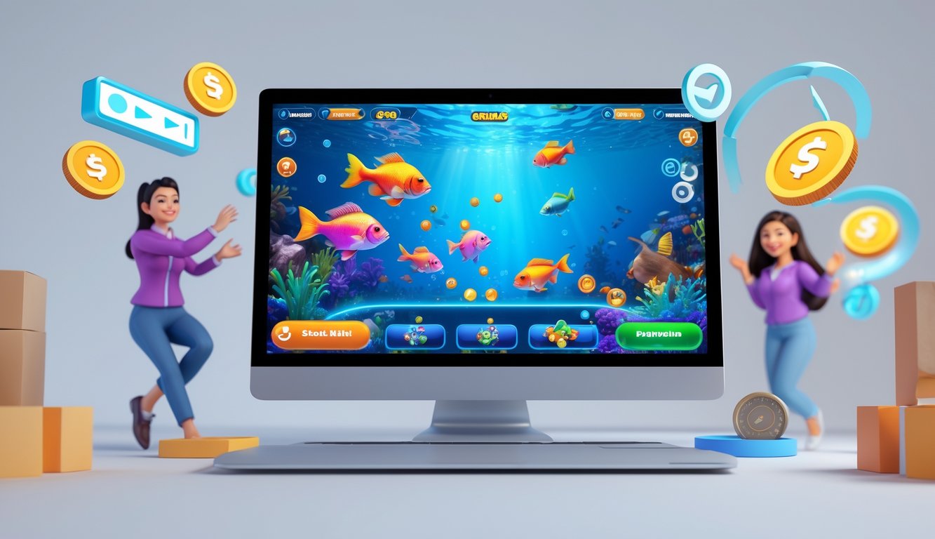 Seseorang menggunakan perangkat digital untuk bermain game tembak ikan dengan latar belakang yang bersih dan elemen visual yang menunjukkan bonus besar dan penarikan uang cepat.