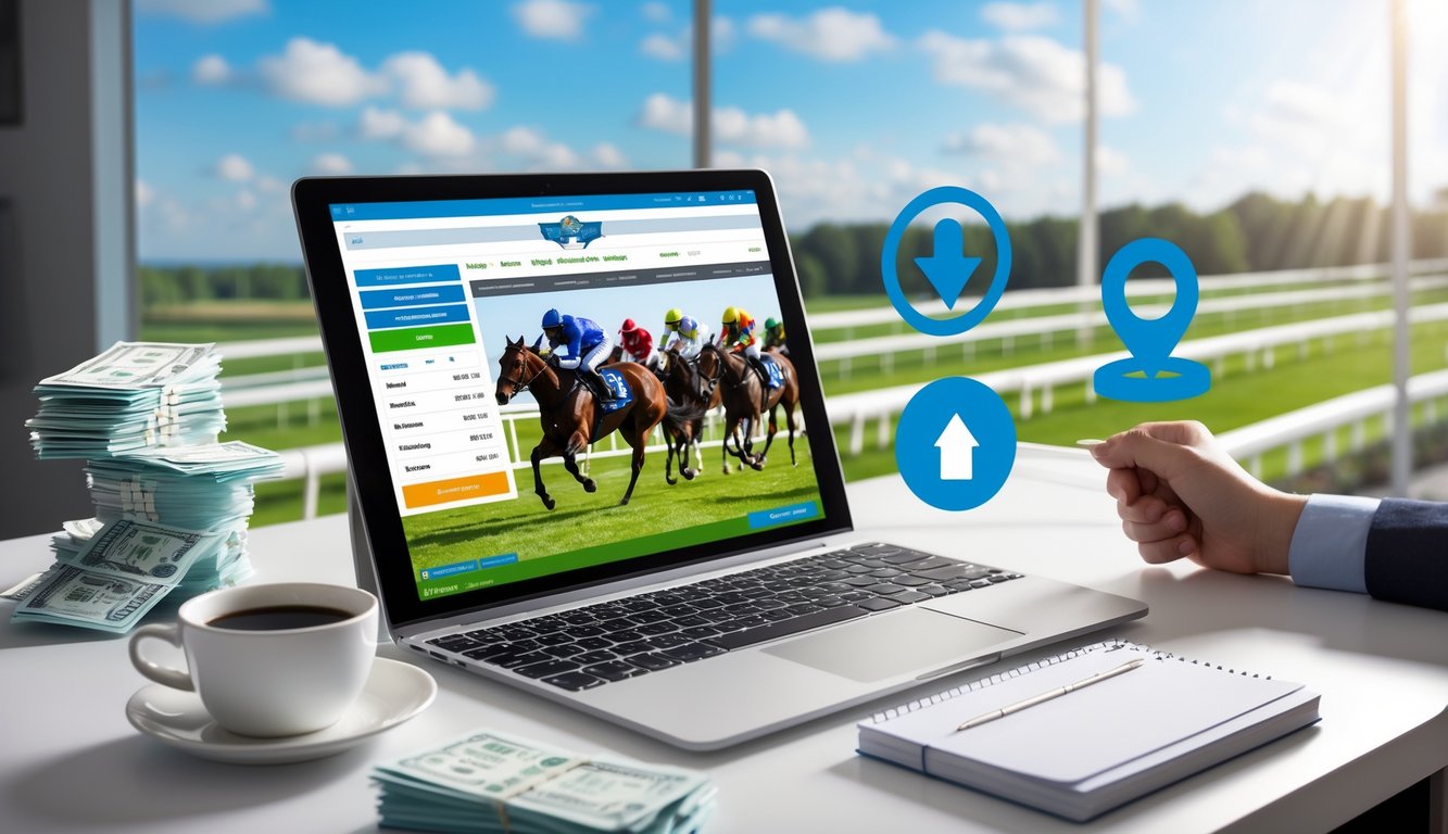 Seorang pengguna sedang memasang taruhan balap kuda online dengan layar perangkat yang menampilkan odds dan balapan kuda di latar belakang.