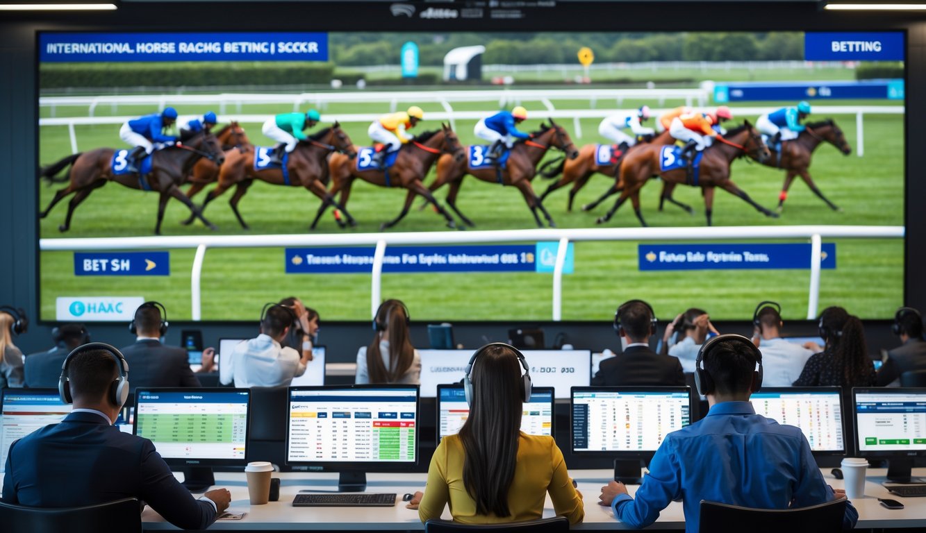 Sejumlah orang fokus menggunakan perangkat elektronik untuk memasang taruhan balap kuda internasional dengan latar belakang kuda dan joki sedang berlomba di lintasan.
