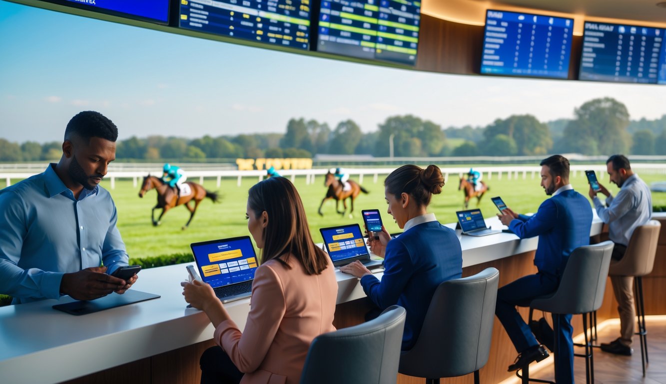 Orang-orang sedang memasang taruhan balap kuda di depan layar digital dengan latar belakang lintasan balap kuda dan joki yang sedang berlomba.