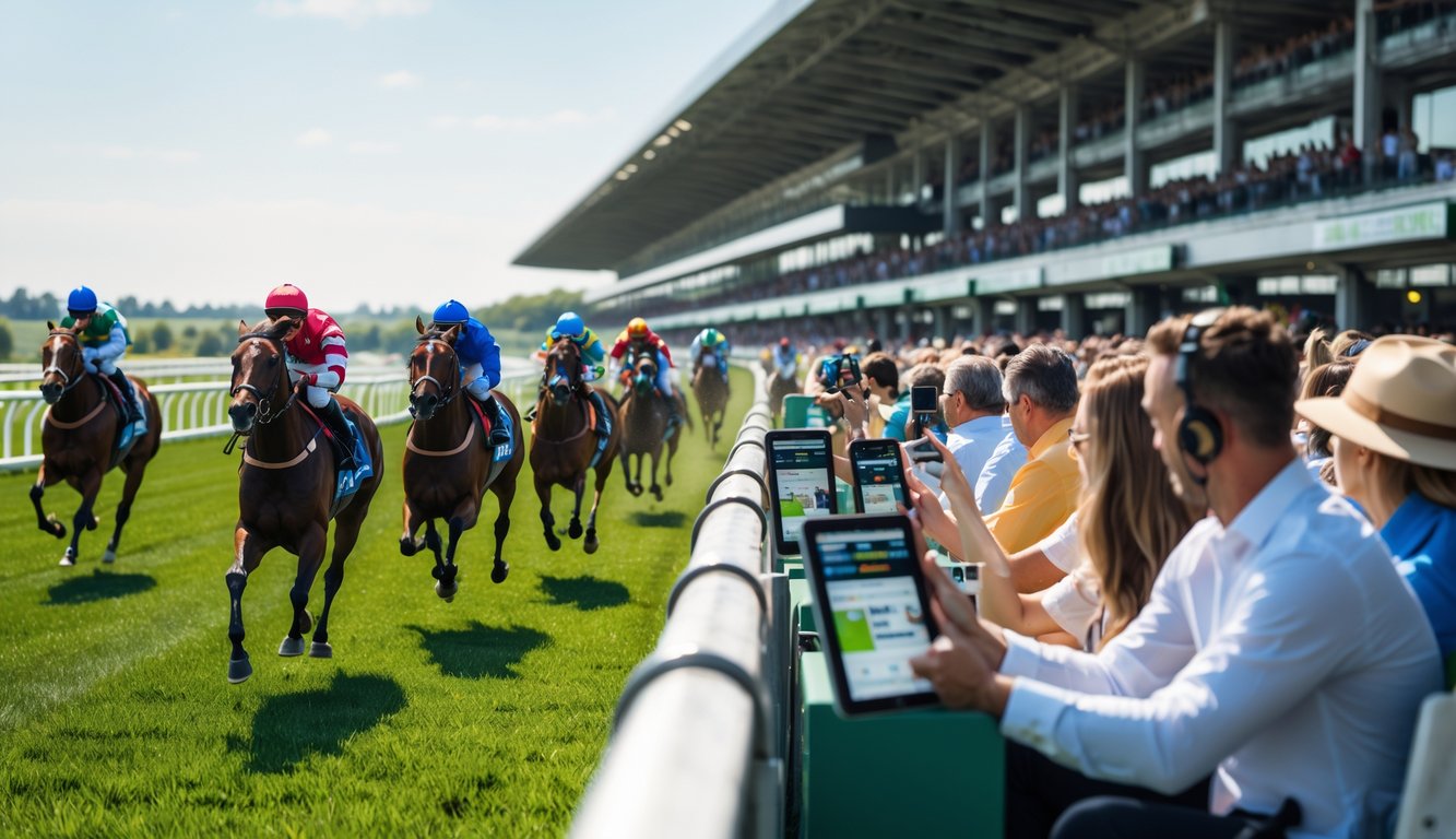 Beberapa kuda pacuan sedang berlari di lintasan dengan para penonton dan petaruh yang mengamati hasil balapan secara langsung menggunakan perangkat digital.