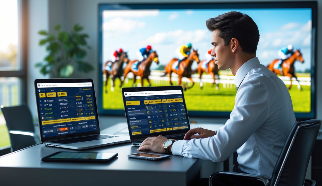 Seseorang duduk di meja dengan laptop dan ponsel, melihat statistik dan balap kuda di layar besar di latar belakang.
