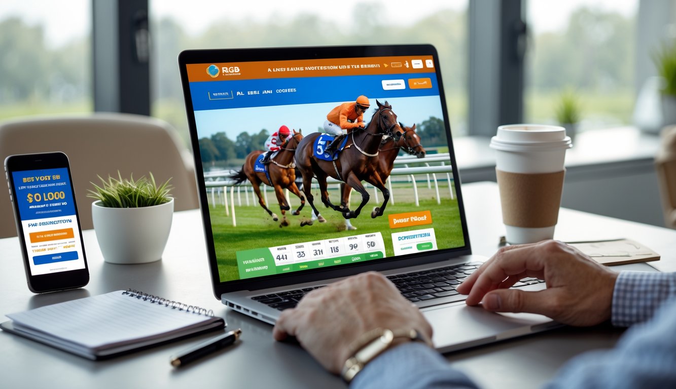 Seorang pengguna sedang melihat layar komputer yang menampilkan situs taruhan balap kuda online dengan gambar kuda berlari dan pilihan taruhan, di meja terdapat ponsel dan alat tulis.