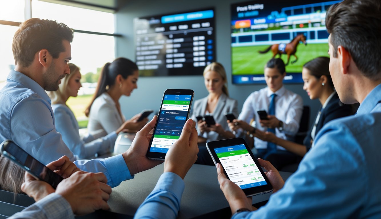 Orang-orang menggunakan perangkat mobile untuk memasang taruhan balap kuda digital dengan tampilan transaksi cepat di latar belakang.