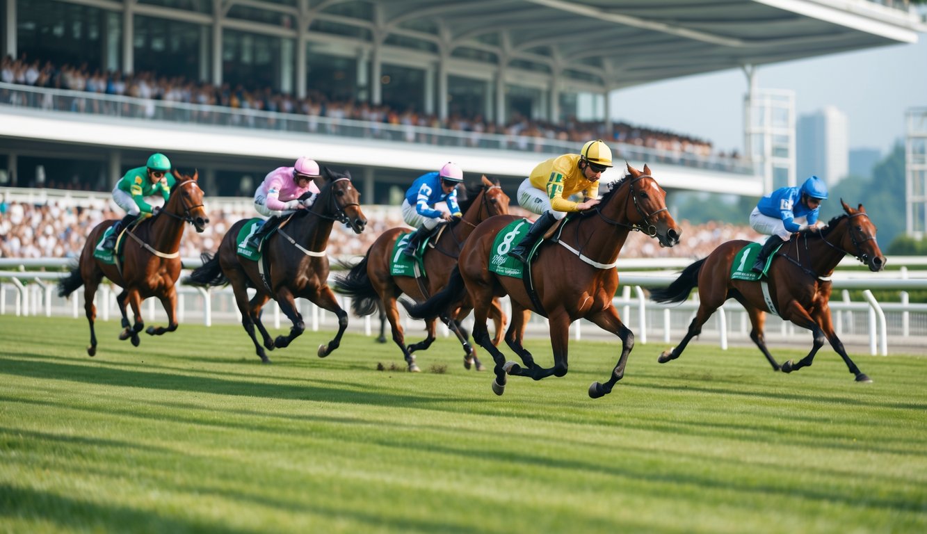 Beberapa kuda pacuan dan joki berlari kencang di lintasan pacuan dengan penonton di tribun latar belakang.