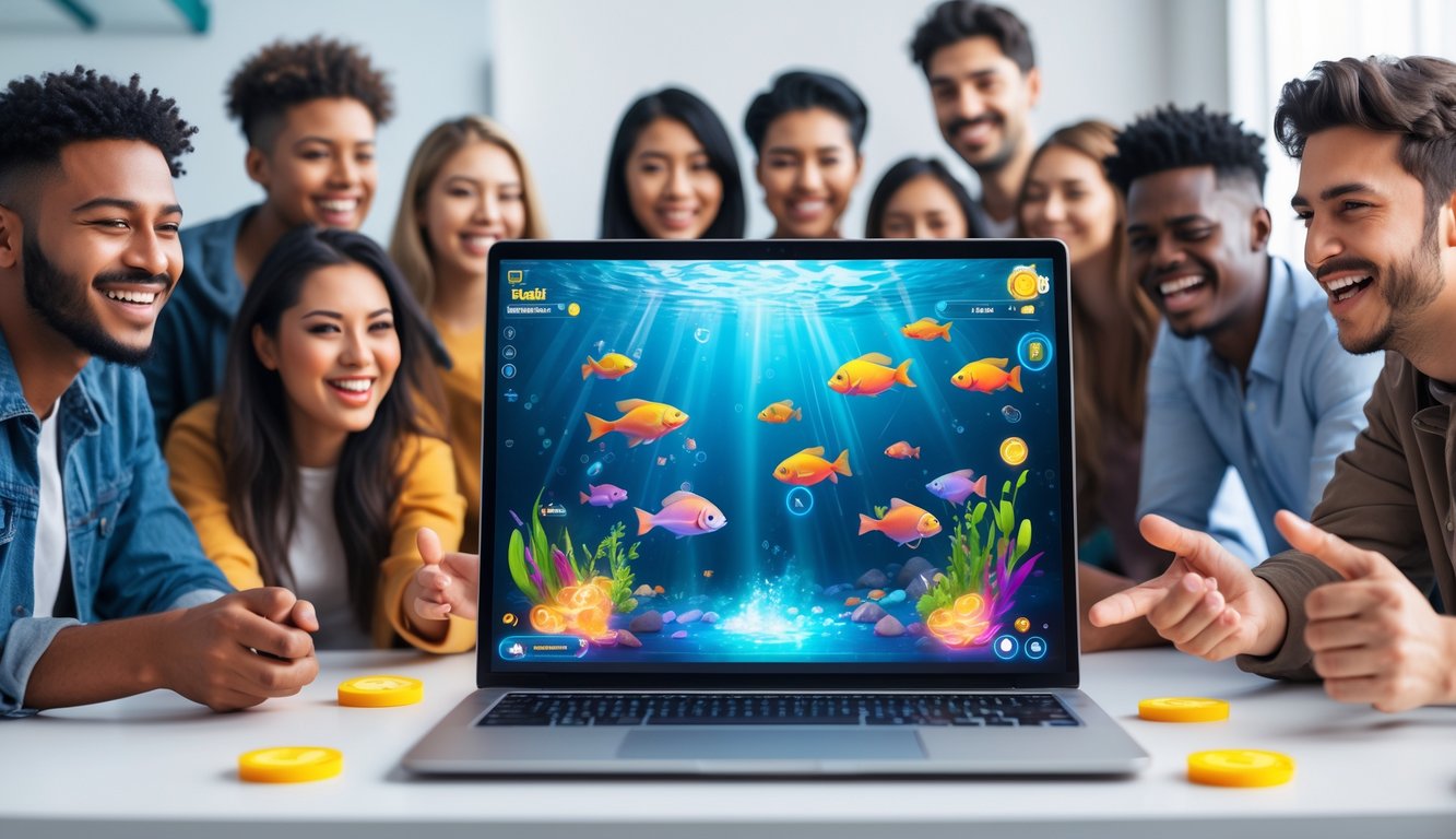 Sekelompok orang muda tersenyum dan bermain game tembak ikan online di depan layar komputer dengan gambar ikan berwarna-warni di layar.