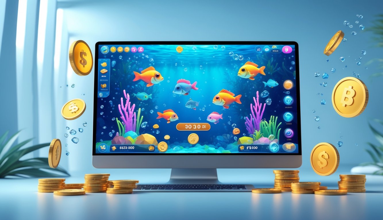 Layar perangkat menampilkan permainan tembak ikan dengan grafis bawah laut berwarna-warni dan elemen bonus seperti koin dan token digital di sekitarnya.