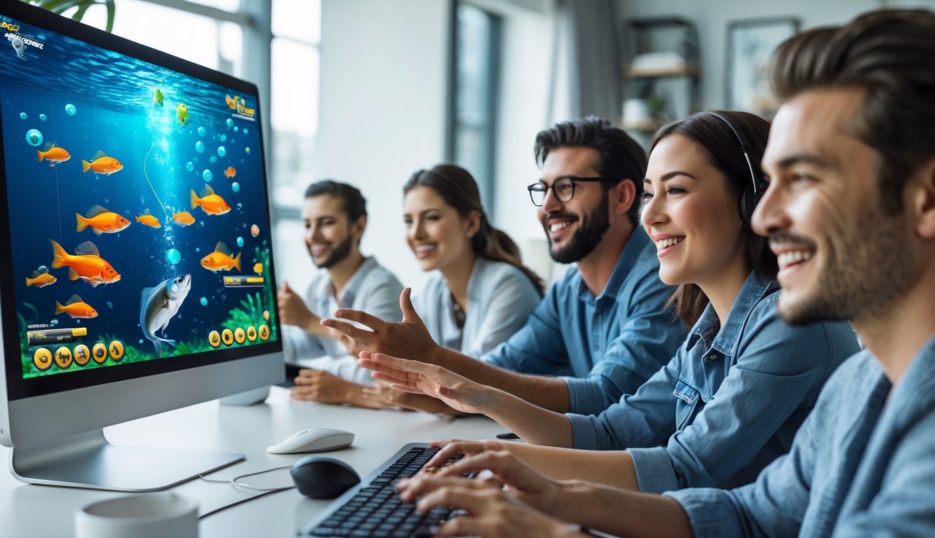 Beberapa orang sedang bermain permainan tembak ikan online di komputer dalam ruangan yang nyaman.