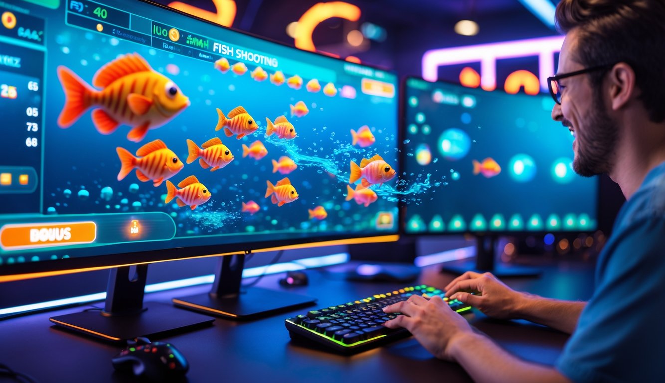 Seorang pemain sedang bermain game menembak ikan di depan komputer dengan layar penuh warna dan animasi ikan yang bergerak.