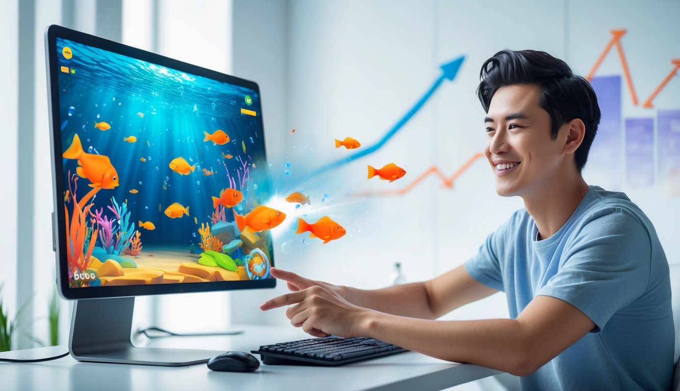 Seorang dewasa muda sedang bermain permainan tembak ikan online dengan latar belakang grafik keuangan dan ikan berwarna-warni di layar perangkat digital.