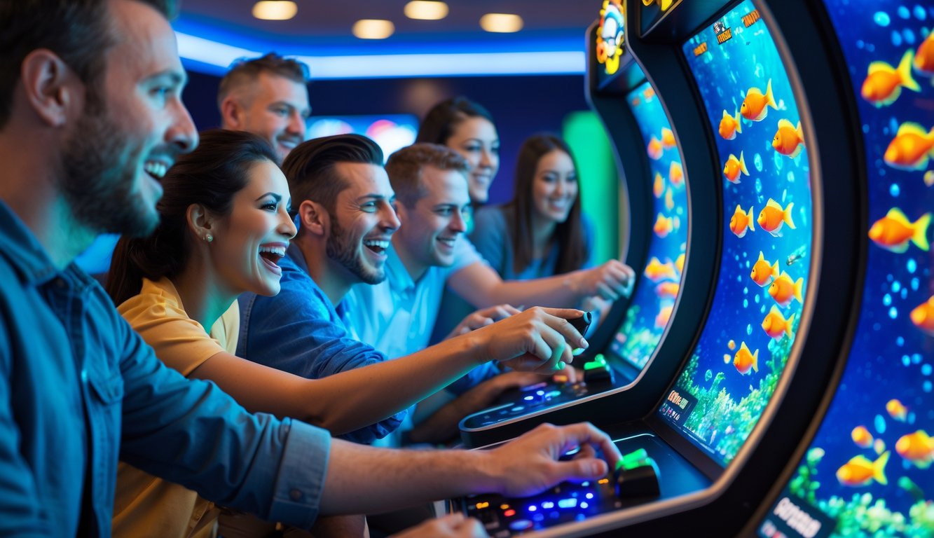 Sekelompok orang dewasa bermain mesin game tembak ikan di ruang permainan dengan pencahayaan biru dan hijau seperti bawah laut.