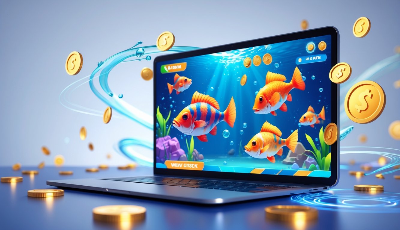 Layar komputer atau ponsel menampilkan permainan tembak ikan dengan grafis bawah laut berwarna-warni dan ikon hadiah di sekitarnya.