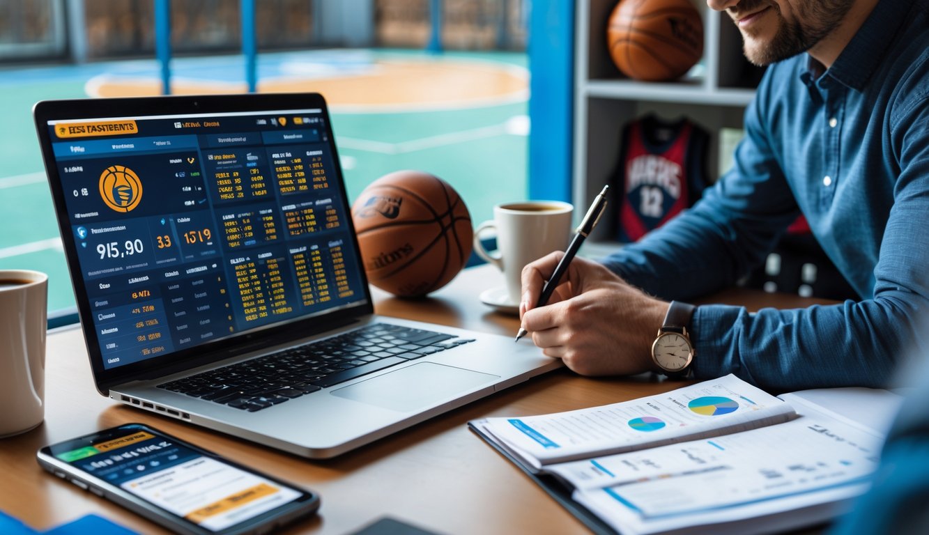 Seorang pria sedang menganalisis statistik dan peluang taruhan NBA di meja kerja dengan laptop, smartphone, dan memorabilia bola basket di latar belakang.