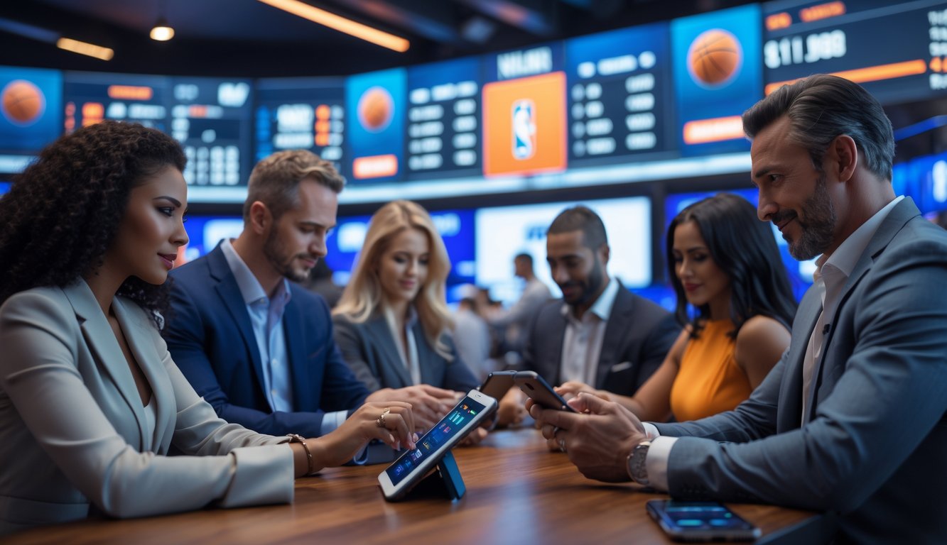 Beberapa orang dewasa sedang menggunakan perangkat digital untuk memasang taruhan pada pertandingan NBA di sebuah ruang olahraga yang modern dan terang.