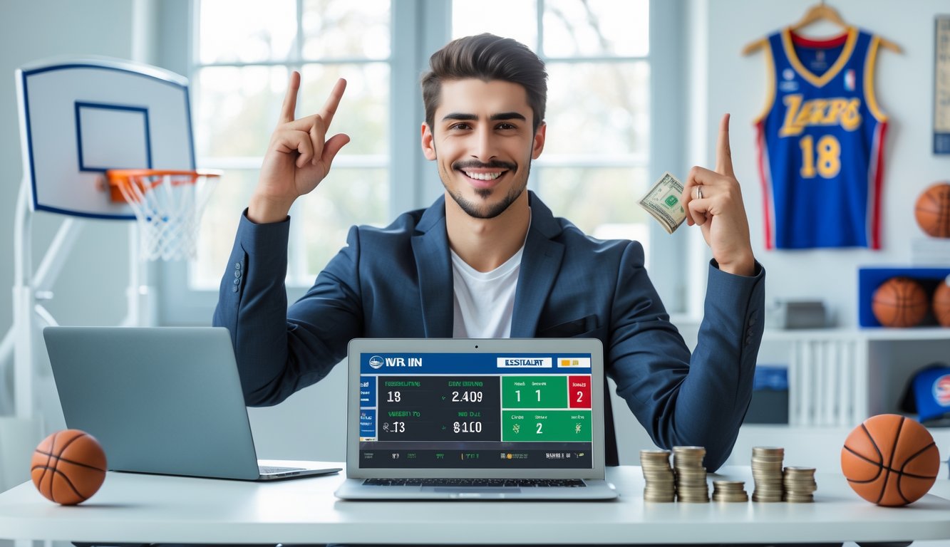Seorang pria muda duduk di meja dengan laptop menampilkan statistik bola basket, tersenyum sambil memegang uang dan melakukan gestur kemenangan.