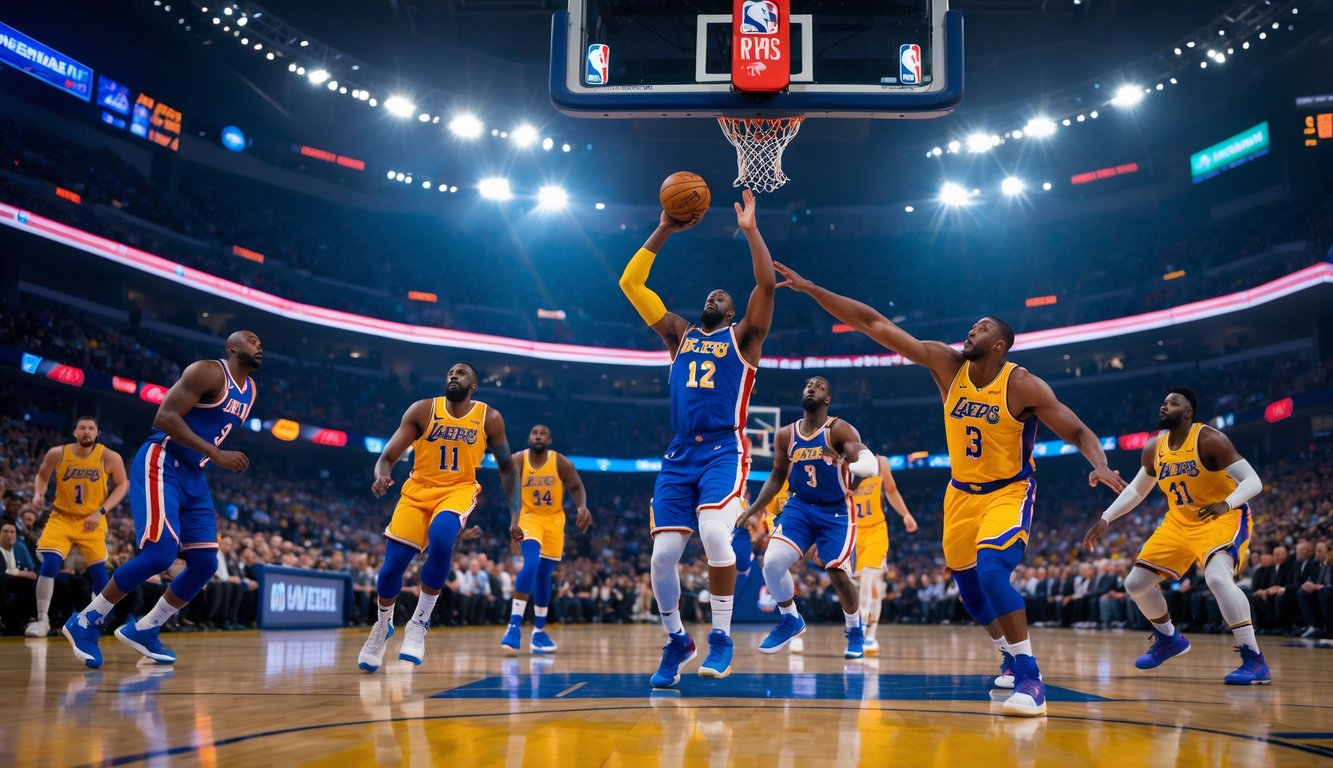 Sejumlah pemain basket pria sedang bermain intens di lapangan NBA dengan penonton penuh di stadion.