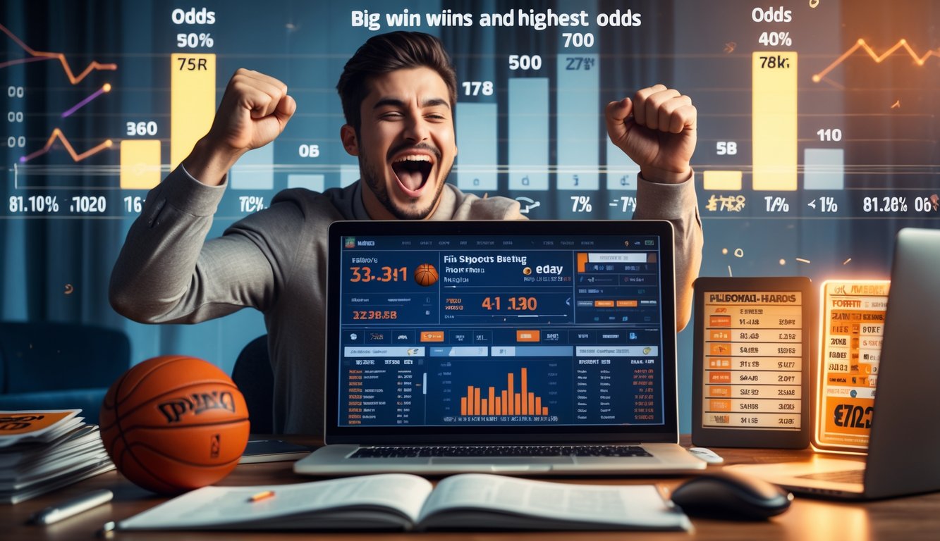 Seseorang sedang merayakan kemenangan taruhan NBA online di depan laptop dengan latar peralatan bola basket di ruang kerja.