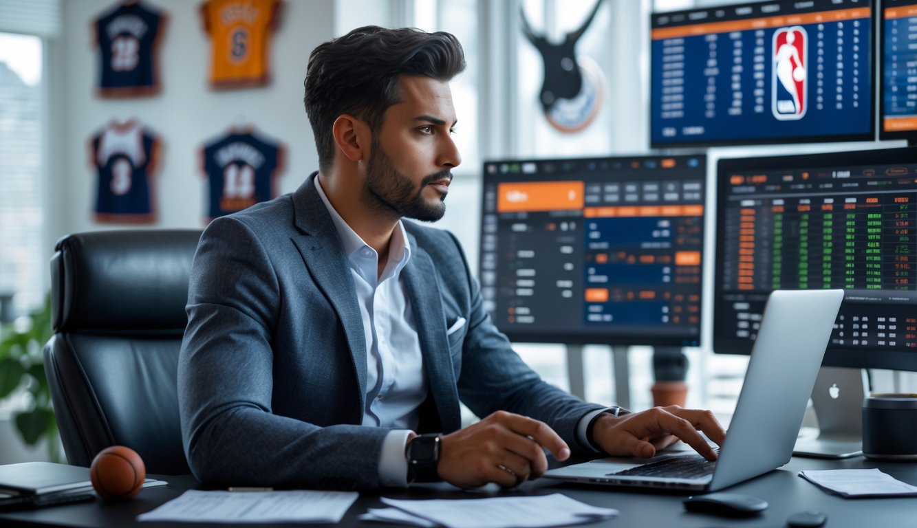 Seorang pria fokus duduk di meja dengan beberapa layar menampilkan pertandingan NBA dan data taruhan, sedang menganalisis informasi di laptop dan ponsel di ruang kerja modern.