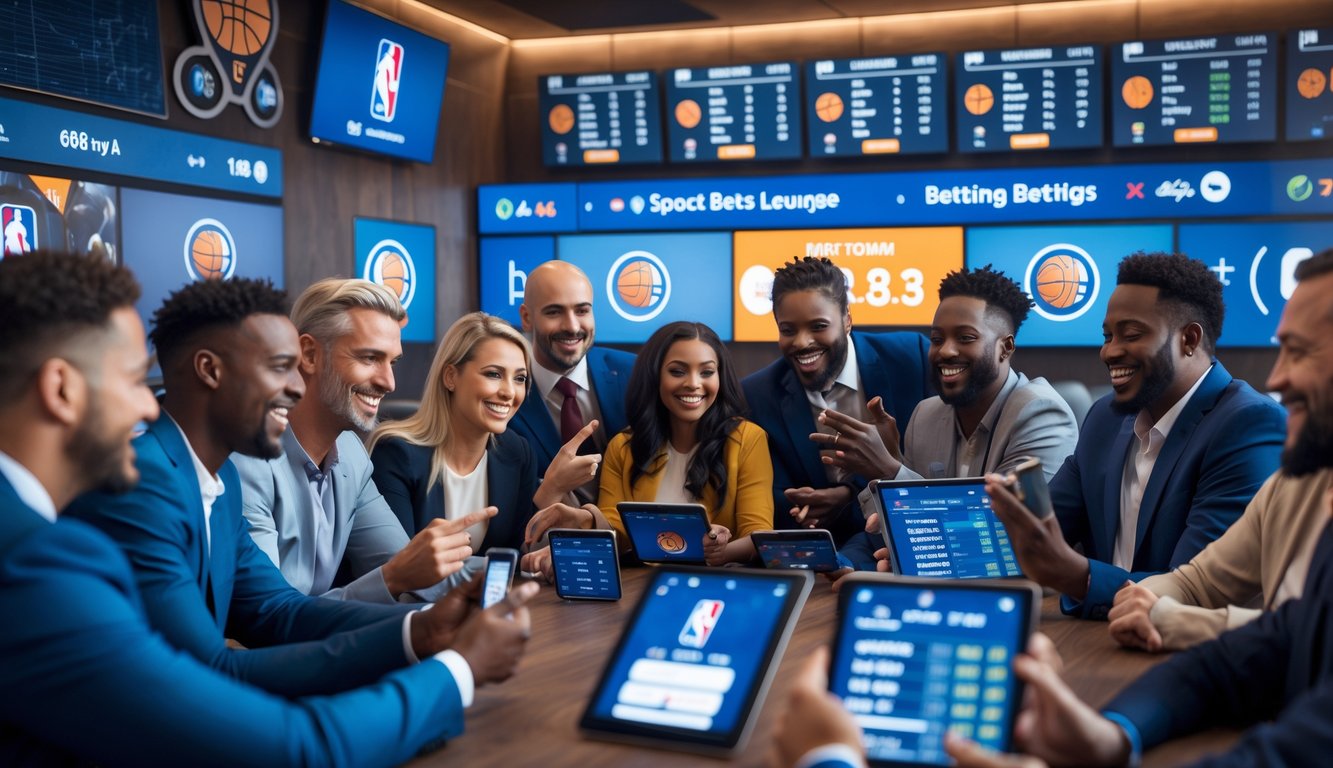 Sekelompok orang sedang melihat layar digital dengan statistik dan skor pertandingan bola basket di sebuah ruang taruhan olahraga yang modern.