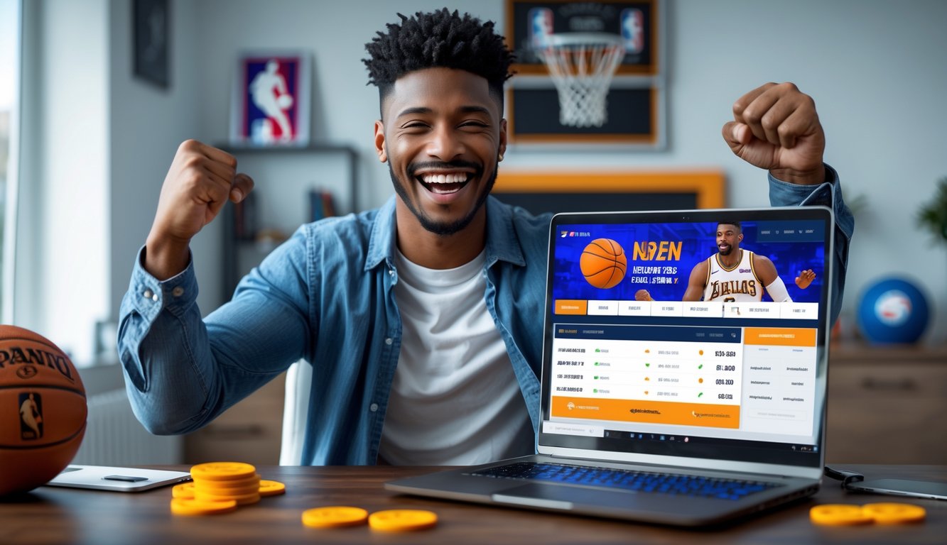 Seorang pria muda merayakan kemenangan besar taruhan olahraga NBA di depan laptop di ruang kerja modern.