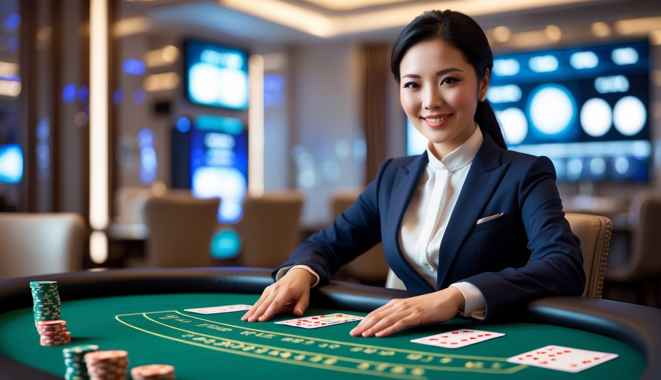 Seorang dealer profesional duduk di meja blackjack dengan kartu dan chip, di latar belakang terdapat elemen digital yang menunjukkan permainan online.