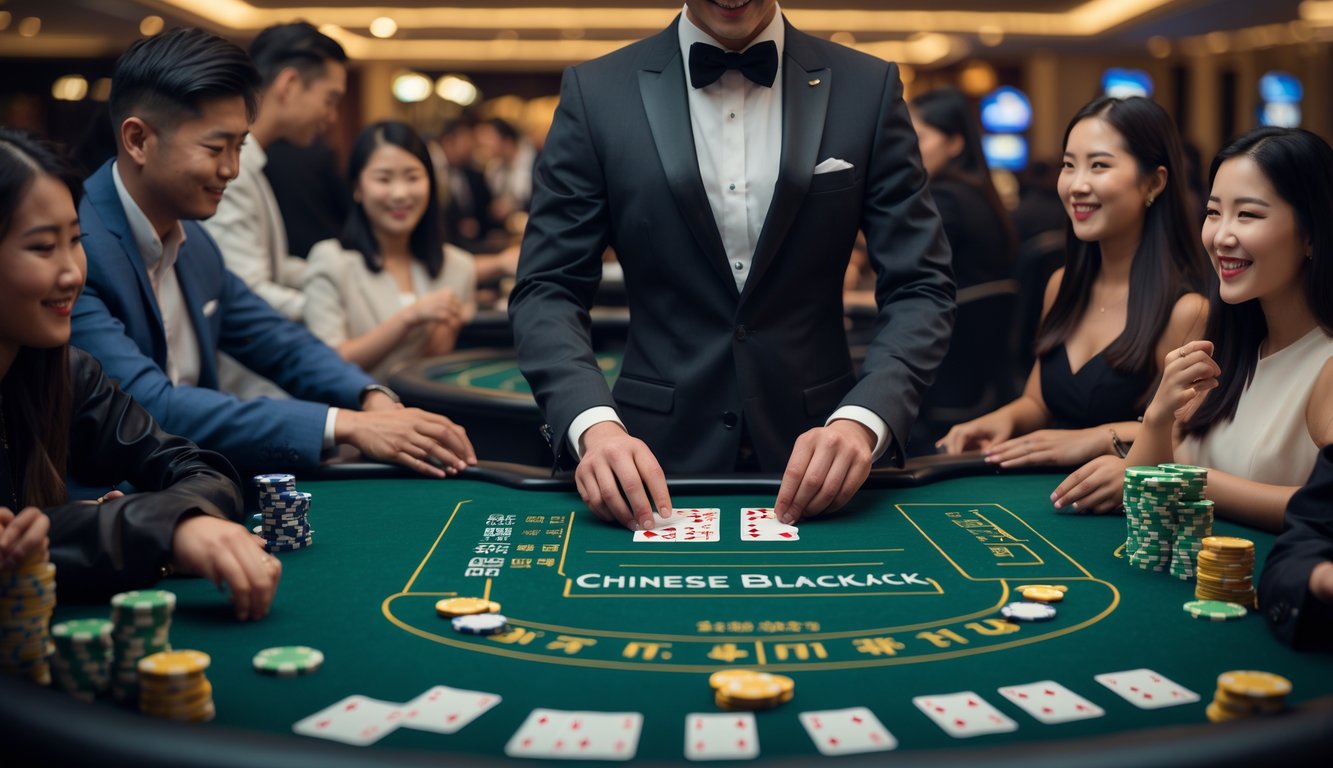 Seorang dealer dan beberapa pemain duduk di meja blackjack Cina di kasino, dengan suasana yang fokus dan bersemangat.
