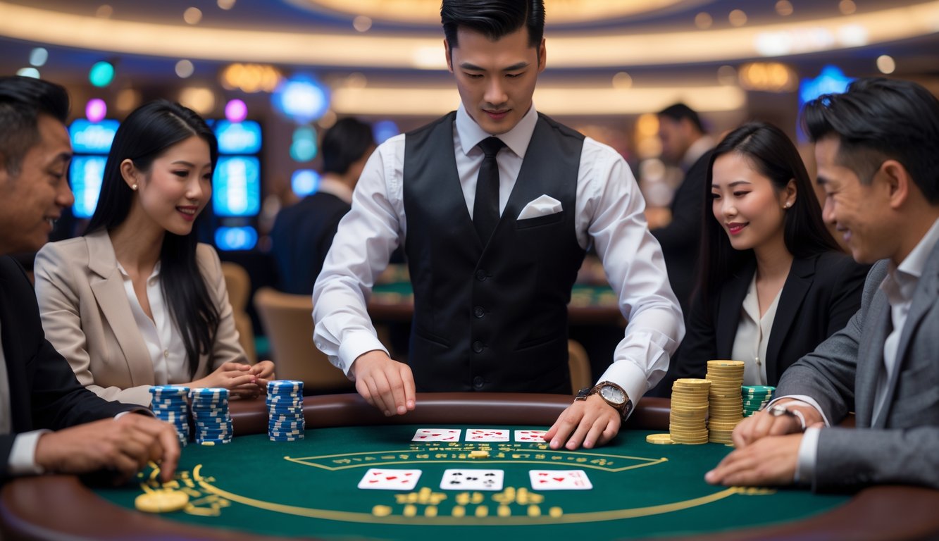 Seorang dealer dan beberapa pemain sedang bermain blackjack Cina di meja kasino dengan suasana yang profesional dan fokus.