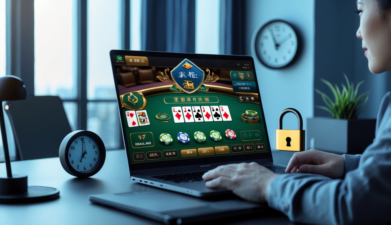 Seorang pemain sedang menggunakan komputer untuk bermain Chinese Blackjack online dengan suasana yang aman dan terpercaya.