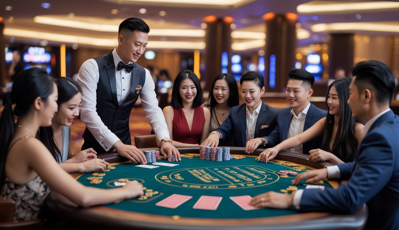 Meja blackjack Cina dengan dealer dan beberapa pemain sedang bermain di kasino yang mewah.