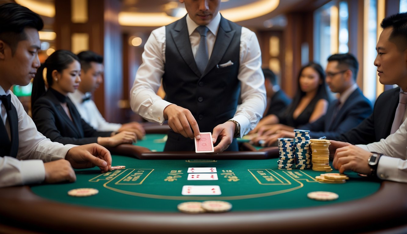 Meja permainan Chinese Blackjack dengan dealer dan pemain yang sedang bermain di kasino.