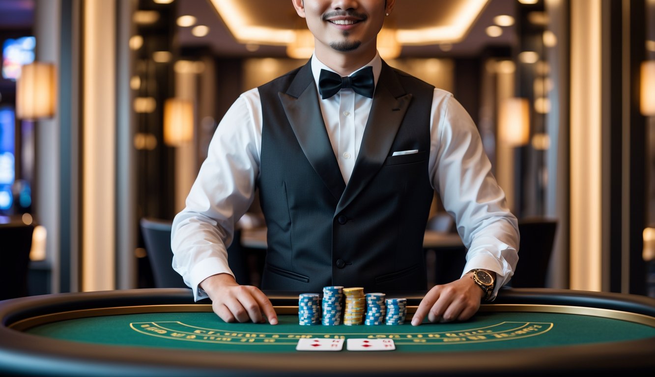 Seorang dealer kasino Asia berdiri di belakang meja blackjack dengan chip dan kartu, di dalam suasana kasino yang mewah dan terang.