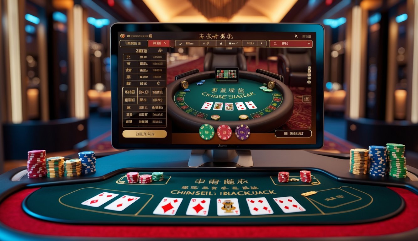 Tampilan modern dari permainan Chinese Blackjack online dengan monitor komputer yang menampilkan kartu dan chip taruhan.