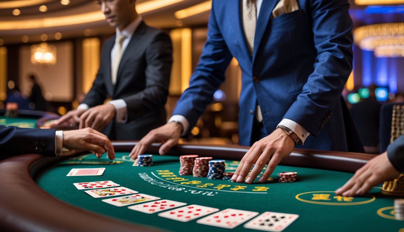 Suasana permainan Chinese Blackjack di kasino dengan dealer profesional dan pemain yang fokus di meja hijau.