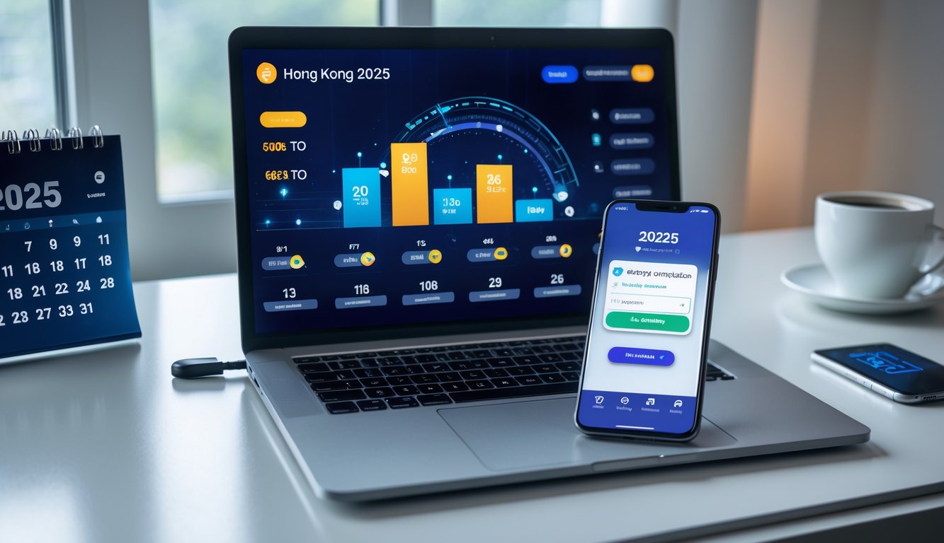 Meja kerja modern dengan laptop dan ponsel yang menampilkan antarmuka permainan togel online dan konfirmasi pembayaran cepat.
