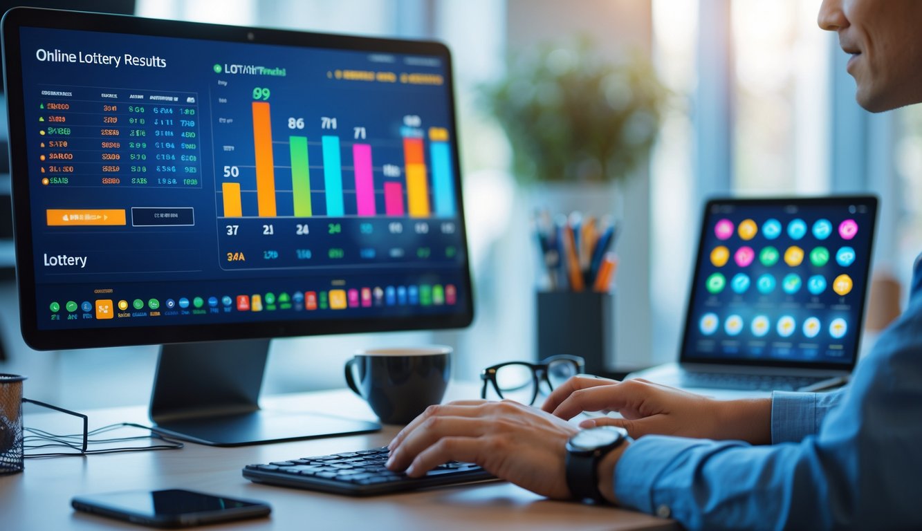 Meja kerja modern dengan komputer menampilkan grafik dan angka togel, tangan seseorang sedang mengetik, serta ponsel dan secangkir kopi di atas meja.