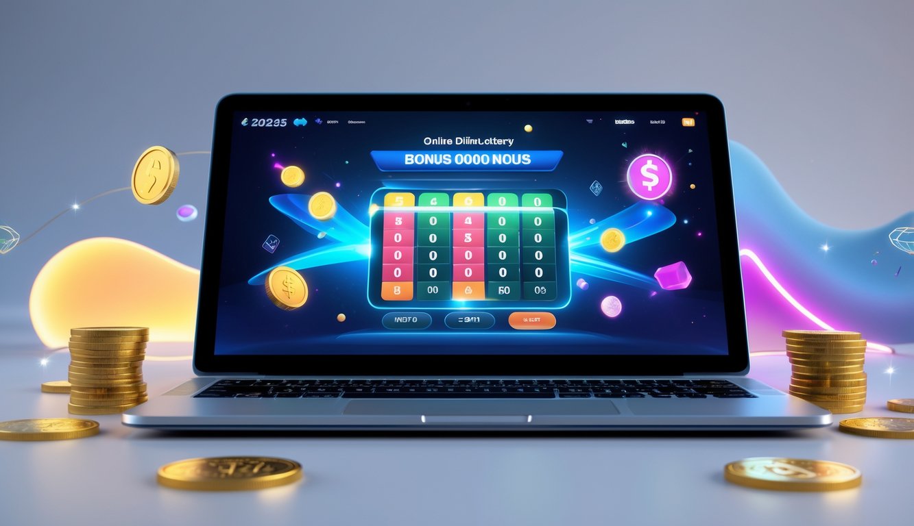 Seorang pengguna sedang melihat perangkat digital dengan tampilan angka lotre dan ikon bonus di layar.