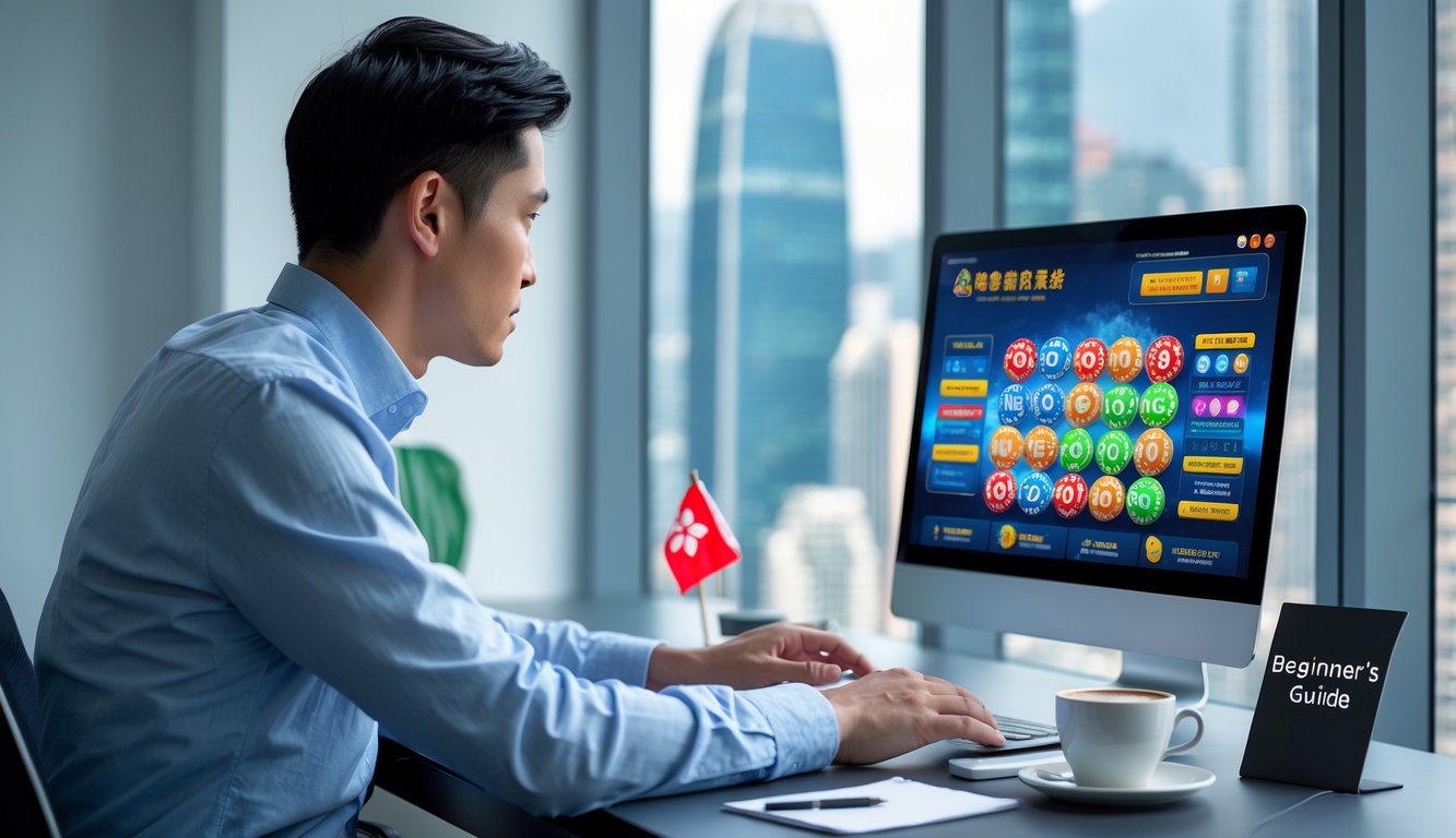 Seorang pria muda duduk di meja dengan laptop, fokus pada layar yang menampilkan permainan togel online, dengan latar kota Hong Kong terlihat melalui jendela.